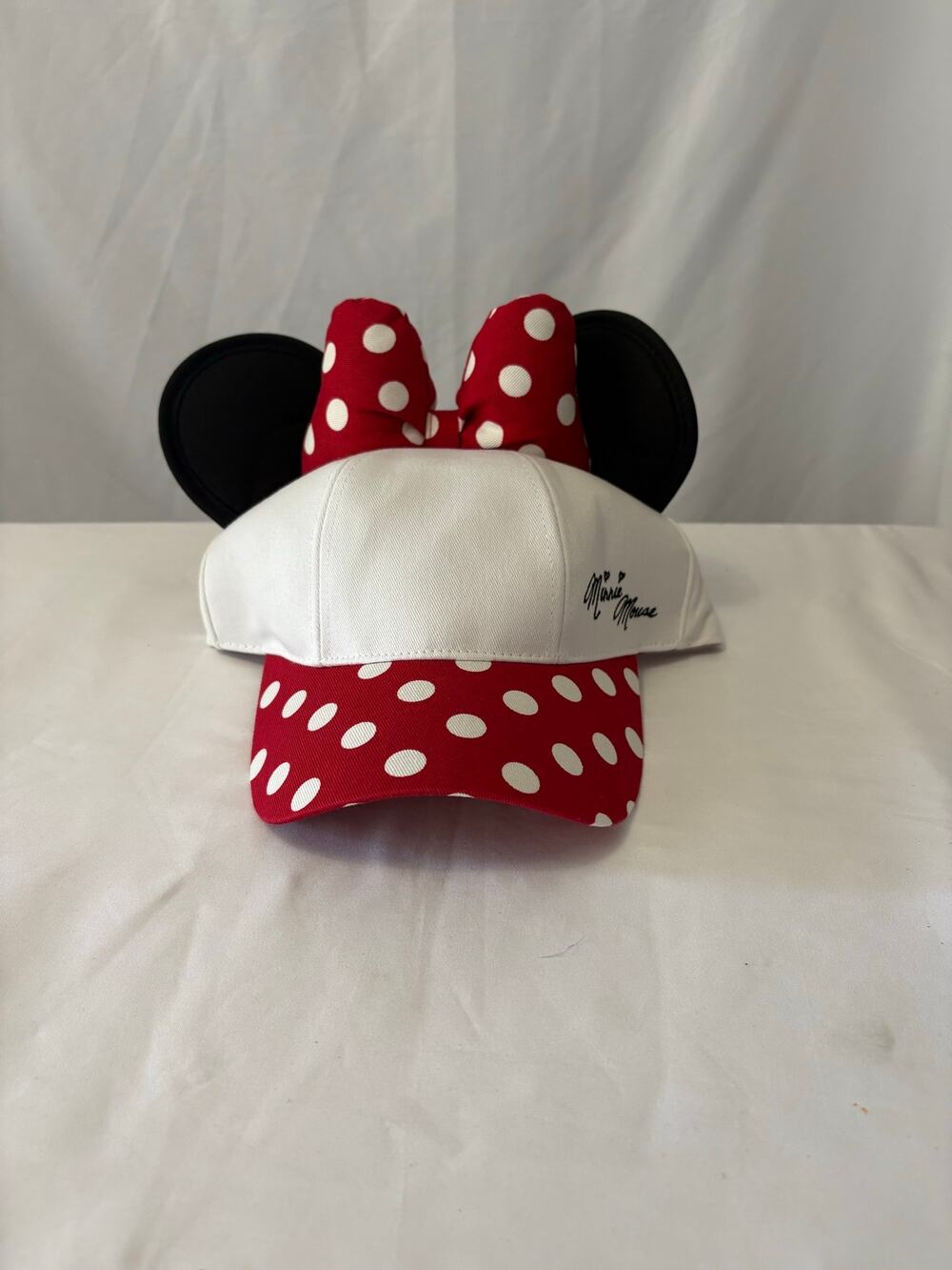 Disney Minnie Mouse Ears Baseball Cap Red White Polka Dot Bow Adjustable Hat